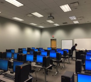 Rows of computers and desks