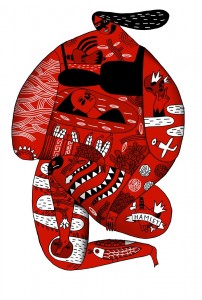 Red patterned kimono with an image of Ophelia drowning