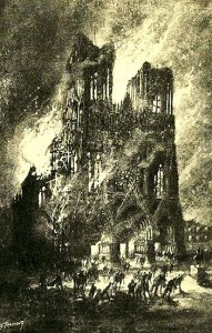 Rheims Cathedral on fire, black and white artistic image
