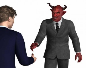Man shaking hands with the devil, both in suits