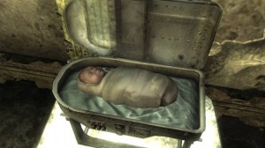 Little baby bundled in a crib in the video game Pitt