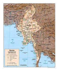 Political map of Myanmar and neighboring countries. Shows rivers