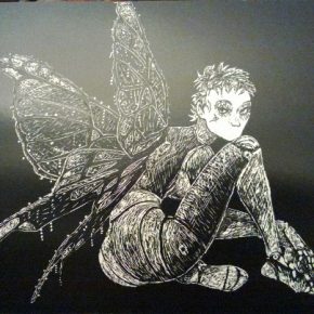 Scratch board drawing by Rui M. inspired in "Fees et Tendres Automates" by Béatrice Tillier - Téhy