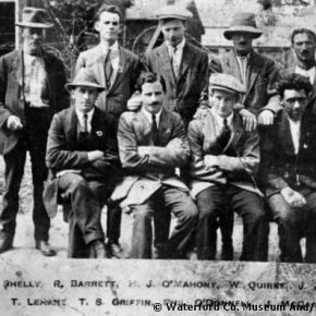 Joseph Francis O'Mahony, first row, third from left, circa 1920, age 16, all dressed up and looking older than 16 as a prisoner of the English on Spike Island a few years before he emigrated to the United States. There he became a citizen and the judge told him to change his name to Mahoney, a decision he would bemoan like a banshee for years. Permission to use this photo has been obtained from the Waterford County Museum in Ireland.