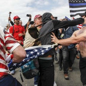 Two men of opposing views fight at political rally