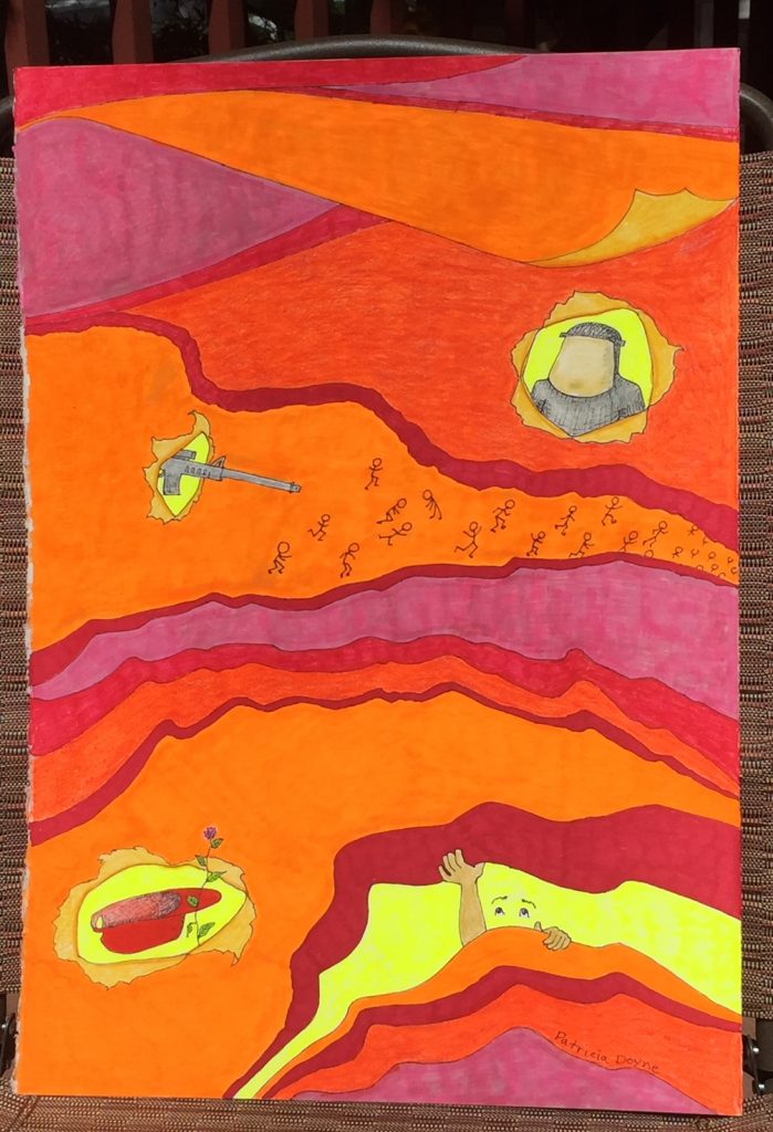 Swathes of purple, orange and yellow-orange color separated by wavy purplish-red lines, like national boundaries or mountain ranges/geological strata. Machine guns, masked bandits and a red hat and a flower poke through yellow holes in the landscape, as does the face and hands of a buried person.
