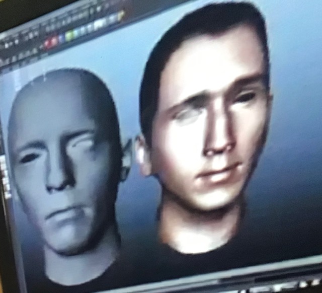 Images of a white male face on a computer screen. First image is bald like a mannequin, the second has color, hair, features and a calm expression.