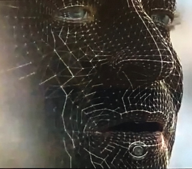 White mesh over a man's face, digital tech-looking image