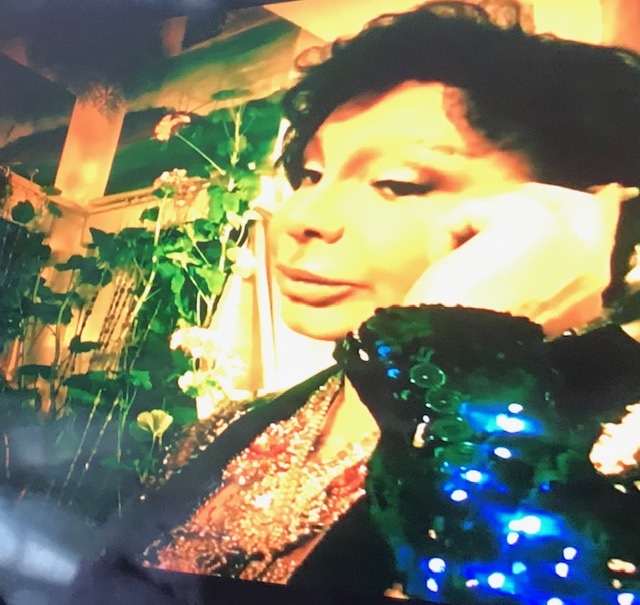 Young white man with black curly hair and a stage costume outfit, shirt and jacket with sequins, standing in front of a window and some houseplants