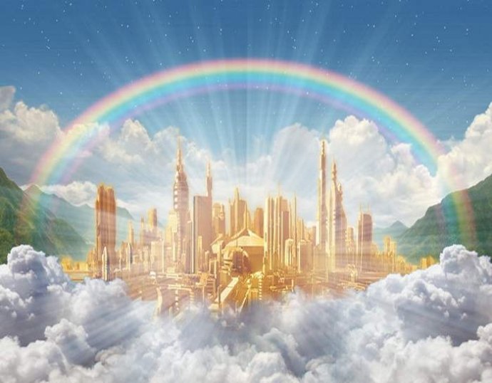 Stylized image of a shining golden city with clouds and mountains and a rainbow. 