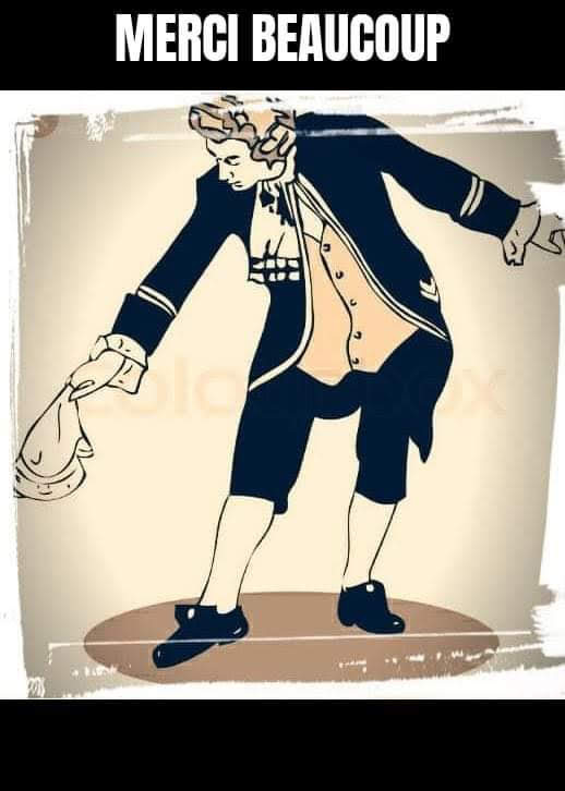 Stylized image of a French-looking gentleman in short pants and a buttoned shirt and coat tipping his hat. 