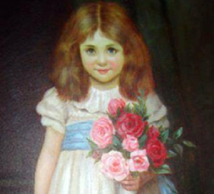 Old fashioned Western painting-style young brown-haired white girl in a white dress with a blue sash holding a bouquet of red and pink roses. 