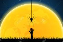Spider descending above a hand reaching up towards it in front of a yellow moon. 