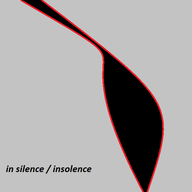 Black leaf shape outlined in red on a gray background, lower case black text on the lower left gray area reads 'in silence/insolence'