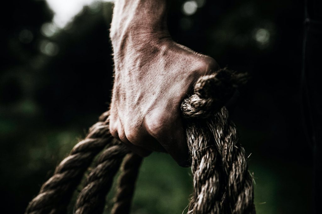 Flexed hand holding several cords of twisted rope against a green background. 