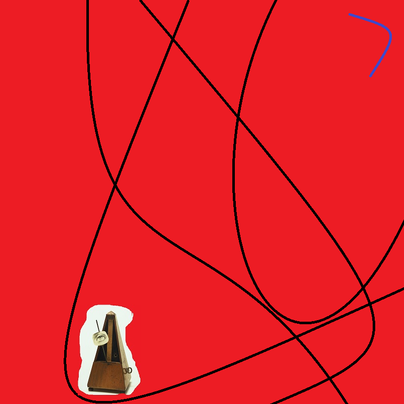 Thin black wavy lines intersecting on a dark red background, with a blue curved line at the top right. Something like a pendulum with a cutout photo of an eye attached to it in the lower left. 
