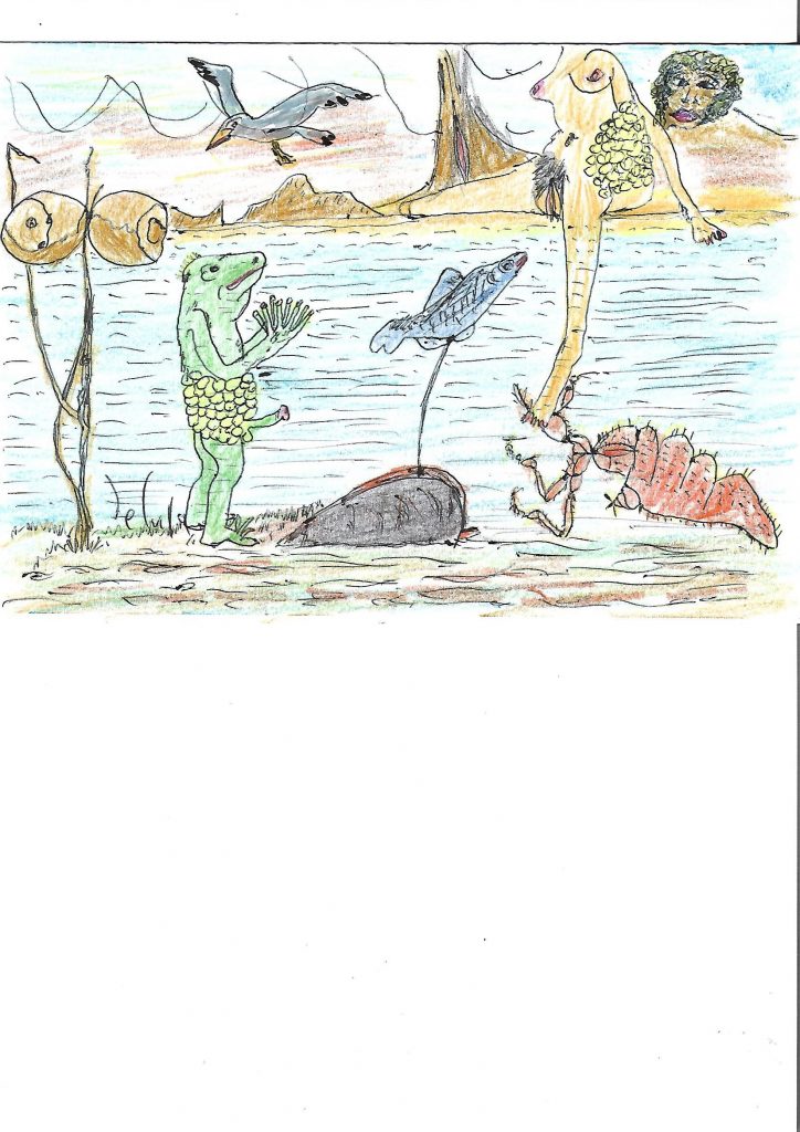 Childlike drawing of a frog standing upright in a pond near fish and a bird and a woman and some plants.