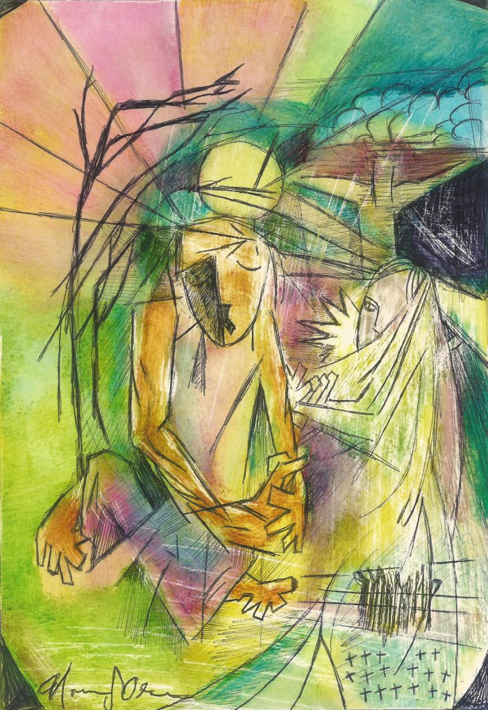 Colorful Cubist-like painting with a lady in a robe and a man sitting down as if in despair, and a crucifix in the background. Suffused with warm yellow and green light and some purple in the middle, and a gray rock in the upper right corner. 