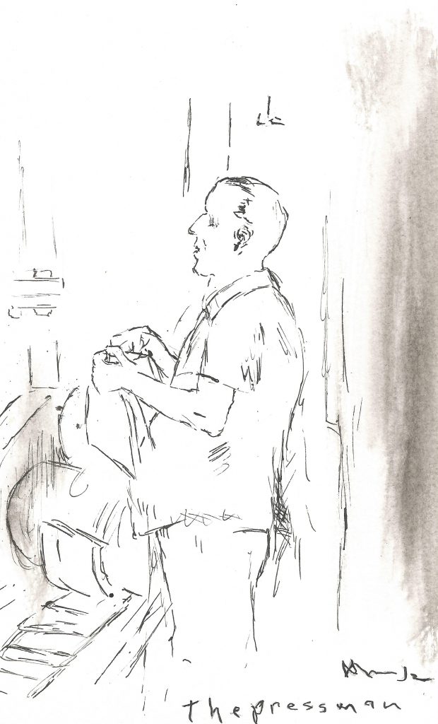 Black and white drawing of a middle aged man sitting down and tending a spindle printing pages in a factory.