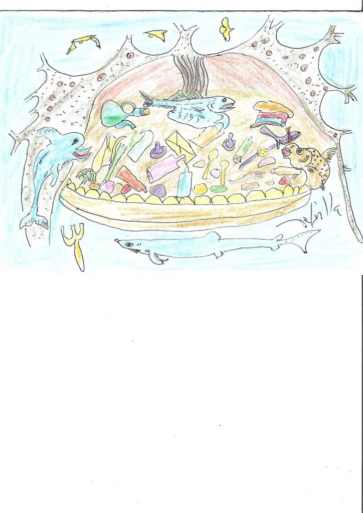 Childlike drawing of blue fish swimming around a covered yellow dinner plate. On the plate are various unidentifiable objects of various colors. A three-tined fork floats off to the bottom left. 