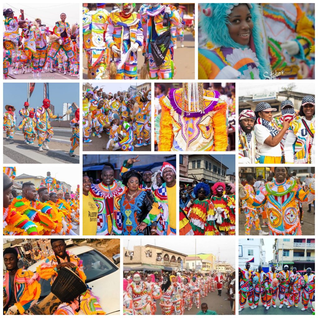 Various pictures of people in Ghana in multicolored clothing on parade for this festival. 