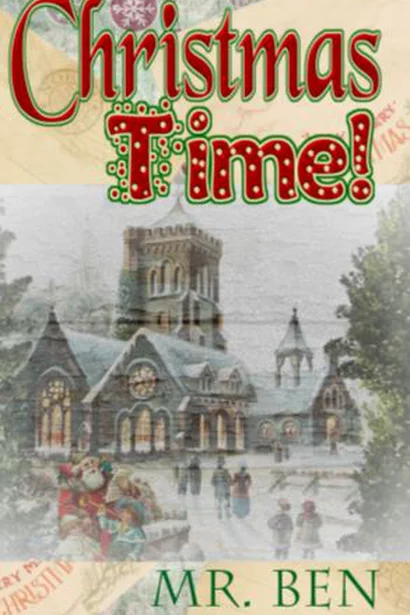 Large church with lit windows surrounded by ice, snow, evergreen trees, and people walking nearby with warm coats and hats. Santa's there with gifts in his sleigh. 