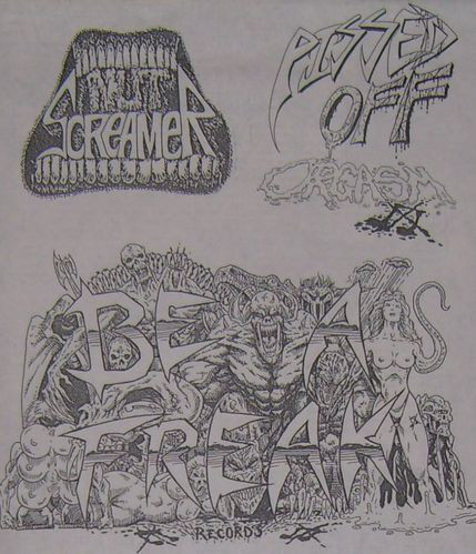Band poster for Nine Nut Screamer, Pissed Off Orgasm. Words written in all sorts of angular artsy fonts. 