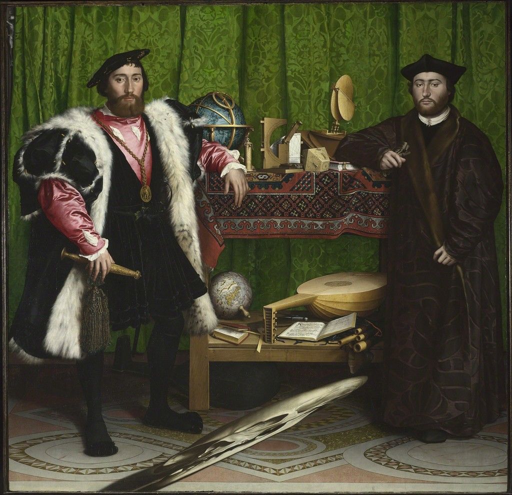 Old fashioned painting of two men from Western history hundreds of years ago, in capes and furs. They are standing in front of a green drape and instruments including a globe, books, microscopes and musical instruments. 