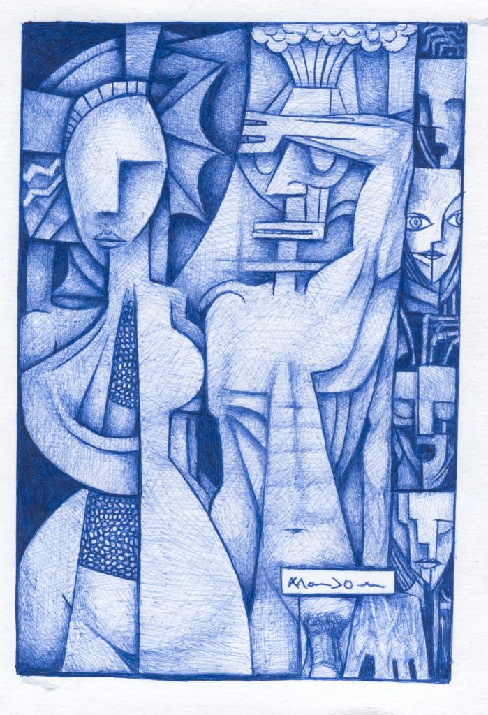 Blue pencil Picasso-esque drawing of shapes that resemble abstract human faces and torsos. One figure has their hand up over their eyes. 