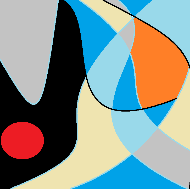Varying curved shapes outlined in black or light blue. Red oval in the lower right, shapes of black, gray, yellow, orange, and dark and light blue. 