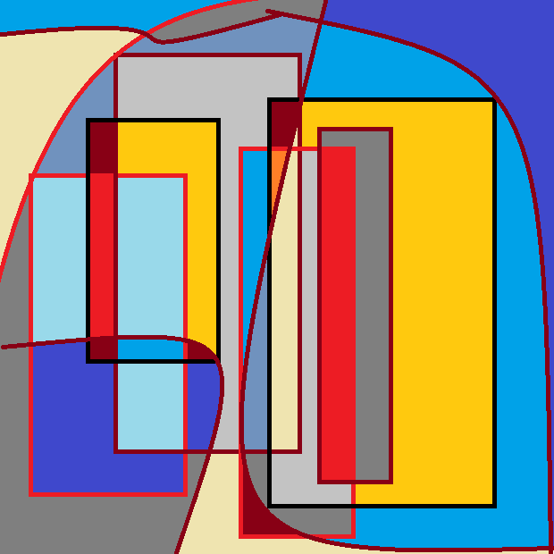 Tall rectangles of varying length and width against a background of ovals. Varying colors for various areas: yellow, dark and light blue, gray, and red. Shapes are outlined in black and red. 