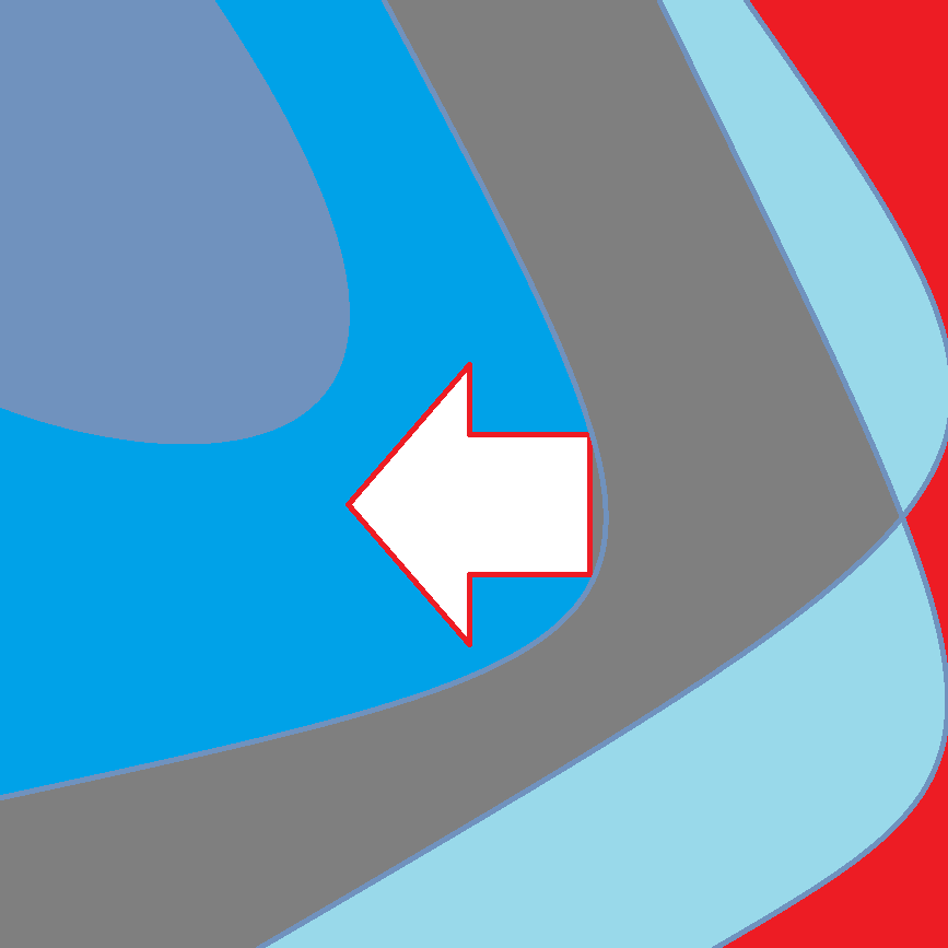 White arrow pointing left in the middle of a wavy gray, red, blue and brown background