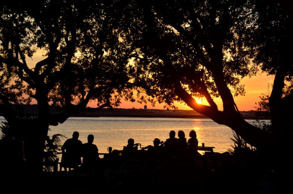 Group of silhouetted people of varying ages and heights watching a sunset through trees over a lake. 