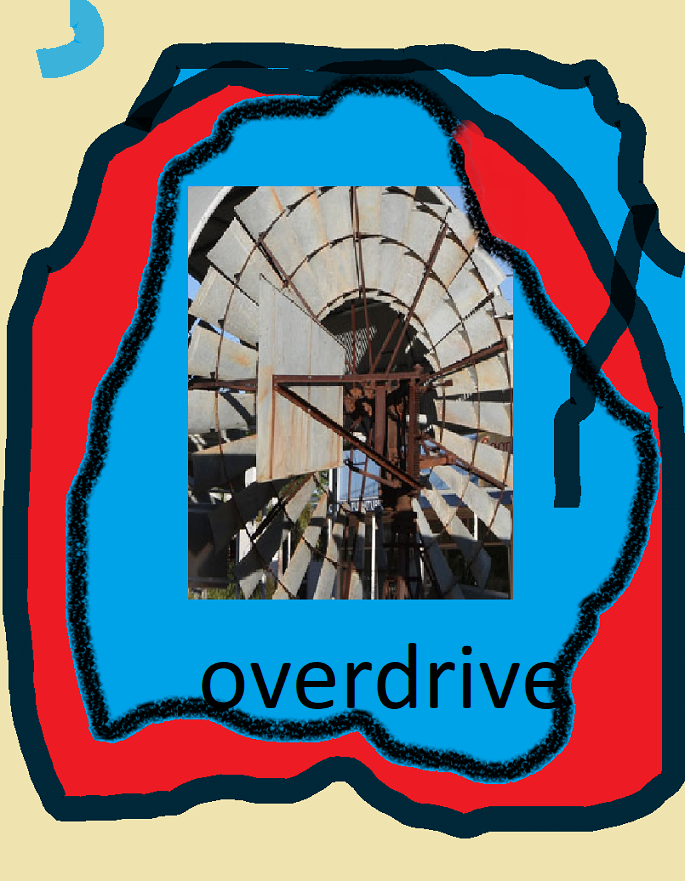 The center of a windmill, wood and metal blades, surrounded by ragged blue and red ovals and some cream color at the top and the word 'overdrive' in black at the bottom.