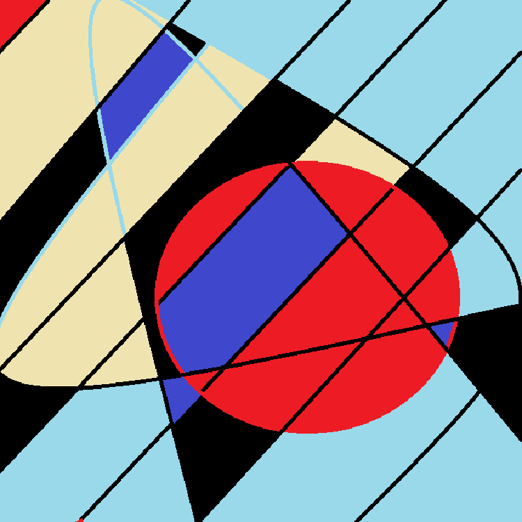 Red circle interspersed with black diagonal lines, top left portion of the circle is blue. Light tan and light blue background, some black. 