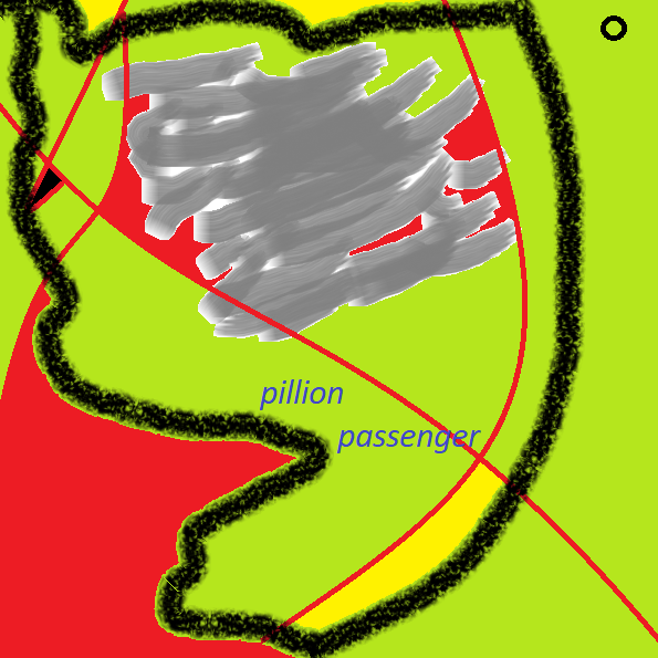 Smudge of gray surrounded by green and red, outlined in black crayon. The words 'pillion' and 'passenger' are below the smudge in gray. 