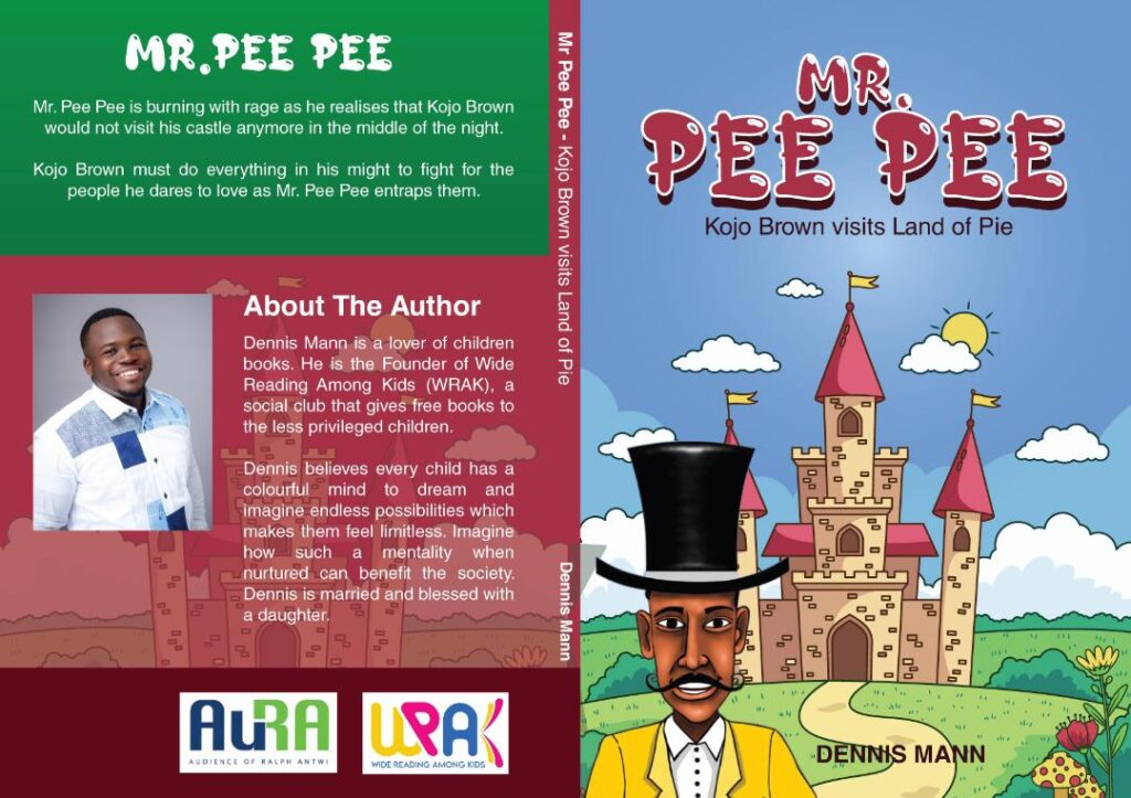 Book cover, red, green, light blue. Title, Mr. Pee Pee, is in a red bubble font and there's a man with dark skin and a black top hat standing in front of a castle on a grassy hill on a sunny day. 