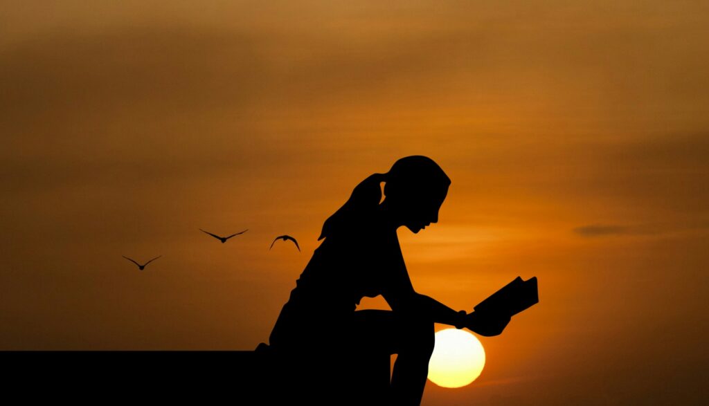 Silhouette of a woman reading on a pier at sunset or sunrise. She has a ponytail and her book in front of her. Seagulls fly behind her. 