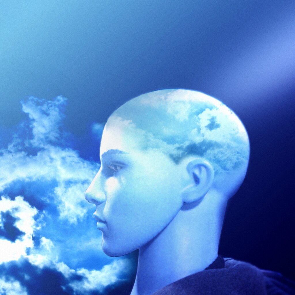 Blue stylized image of a nondescript person's left profile staring off into the clouds. 