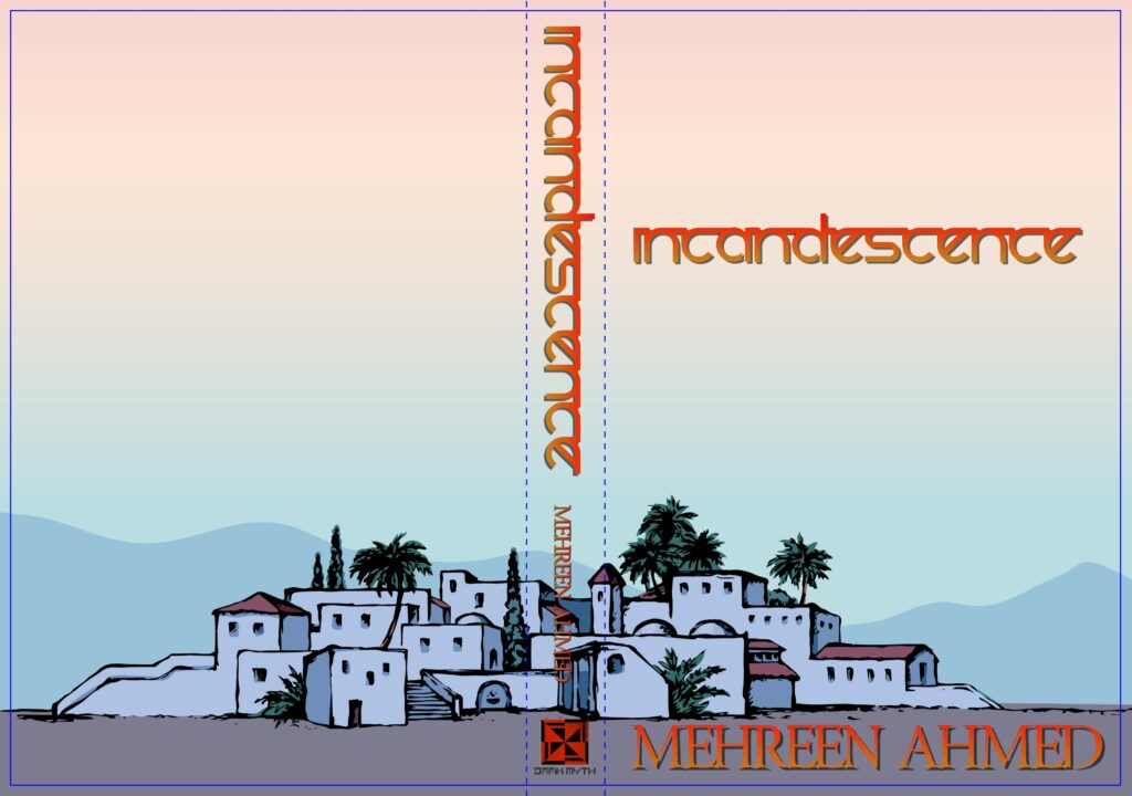 Small village of white buildings and red roofs clumped together under palm trees in front of mountains in the distance. Sky is peach and blue like twilight or dawn and the title Incandescence is in connected orange script letters.