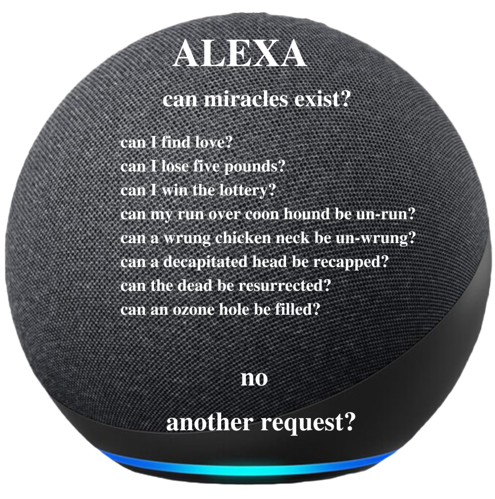 An Alexa listening device with random questions: Can miracles exist? Can I find love? Can I lose five pounds? Can I win the lottery? Can my run over coon hound be un run? Can a wrung chicken neck be un-wrung? Can a decapitated head be recapped? Can the dead be resurrected? Can an ozone hole be filled? no. another request? 
