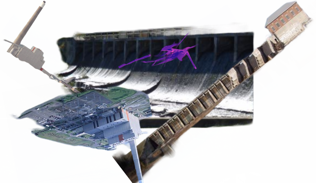Image of a dam and hydroelectric power plant superimposed at odd angles in front of each other