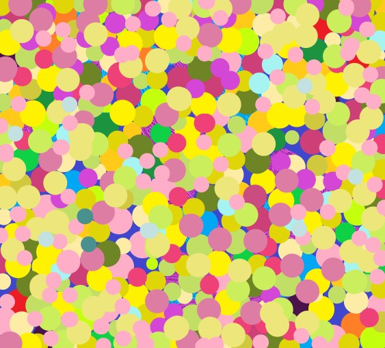 Scattering of overlapping yellow, pink, purple and light green dots. 