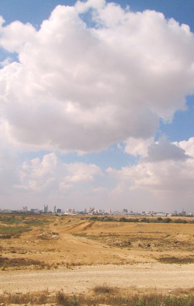 Desert with brown ground and some bushy grass and a city in the distance. Blue sky with clouds. 