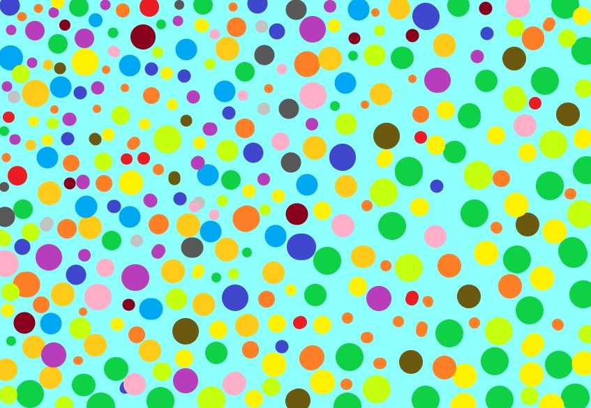 Non-overlapping yellow, green, purple, pink, orange, and blue dots of varying sizes on a light blue background. 
