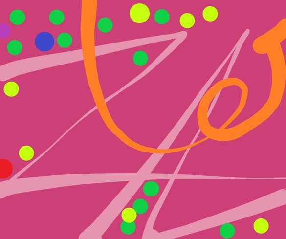 Green, yellow, and blue and red dots, sparsely arranged on a pink background. Orange and lighter pink designs are scribbled on the background.