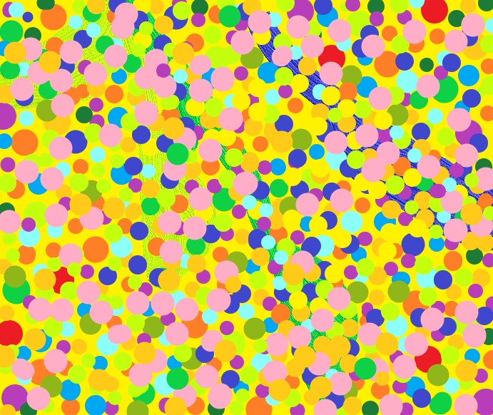 Pink, blue, yellow, purple, and green dots overlapping on a yellow background.