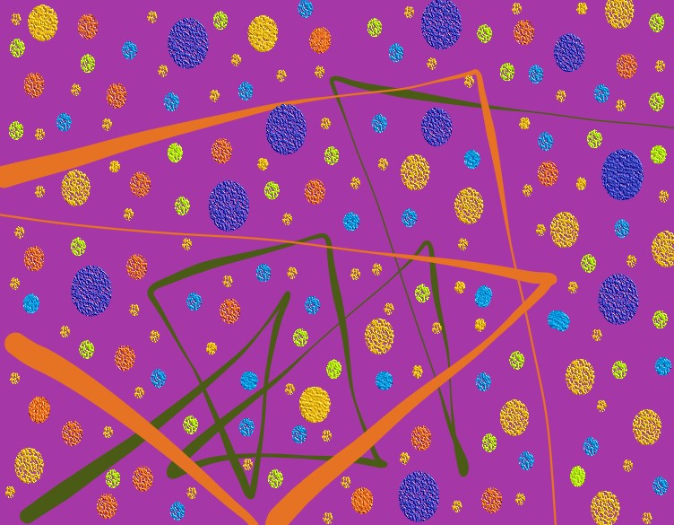 Textured yellow and orange and yellow dots and some dark green and orange lines on a purple background. 