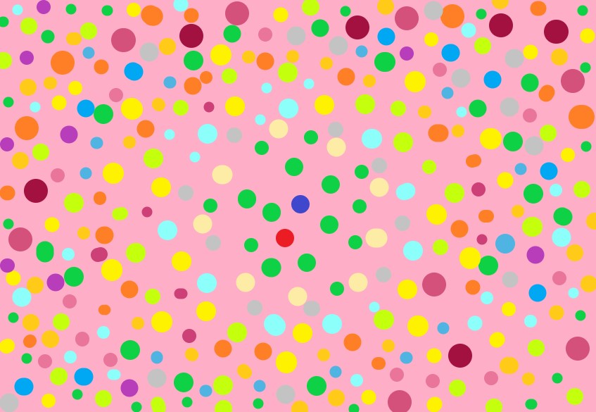 Non-overlapping dots, yellow, green, blue, orange and red and purple on a pink background.