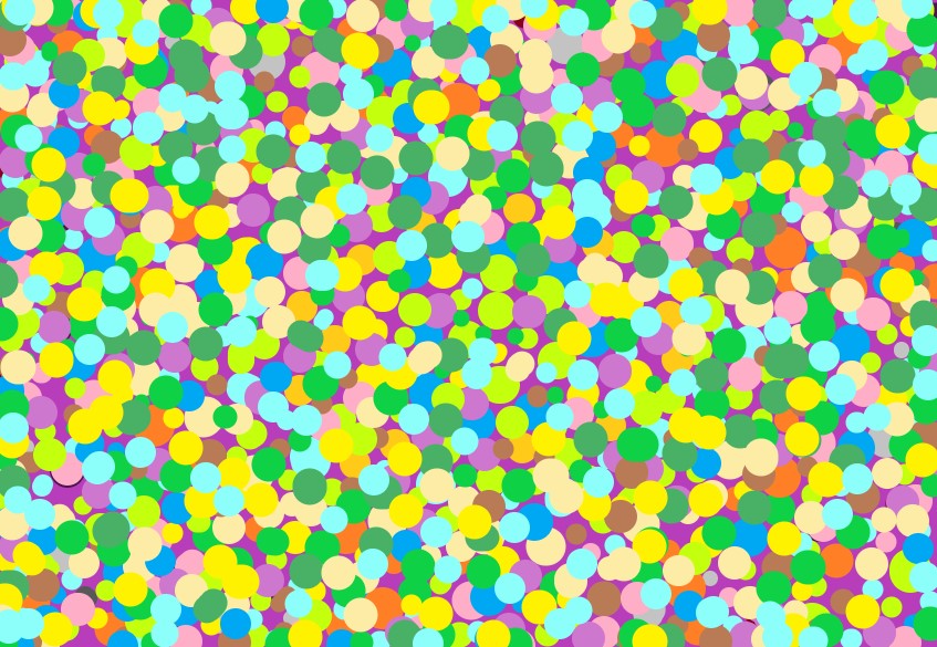 Many overlapping yellow, green, blue and purple dots on a purple background.